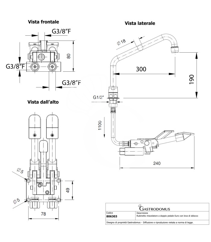 Armatur mit Fußpedal, sechskantige Basis, mit Entrieglungshebel, Kalt- und Warmwasser, 300 x 190 mm