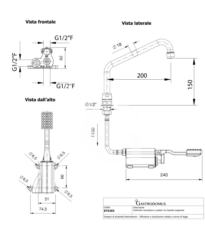 Armatur mit Fußpedal, sechskantige Basis, 200 x 150 mm, Warmwasser