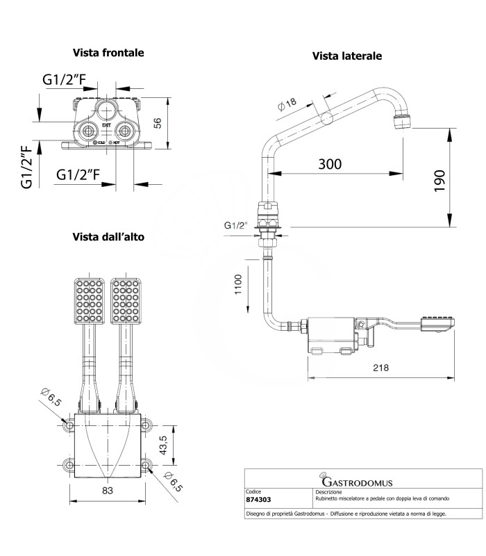 Armatur mit Fußpedal, sechskantige Basis, Kalt-/Warmwasser, Auslauflänge 300 mm