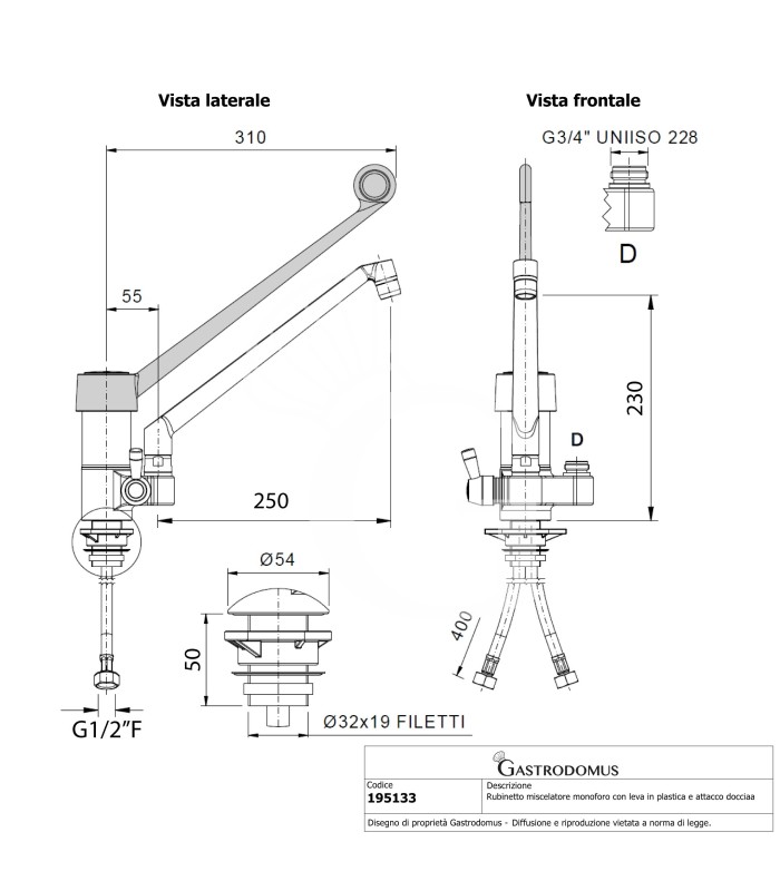 copy of Rubinetto miscelatore monoforo monocomando C40 con leva in plastica nera - L 250 mm