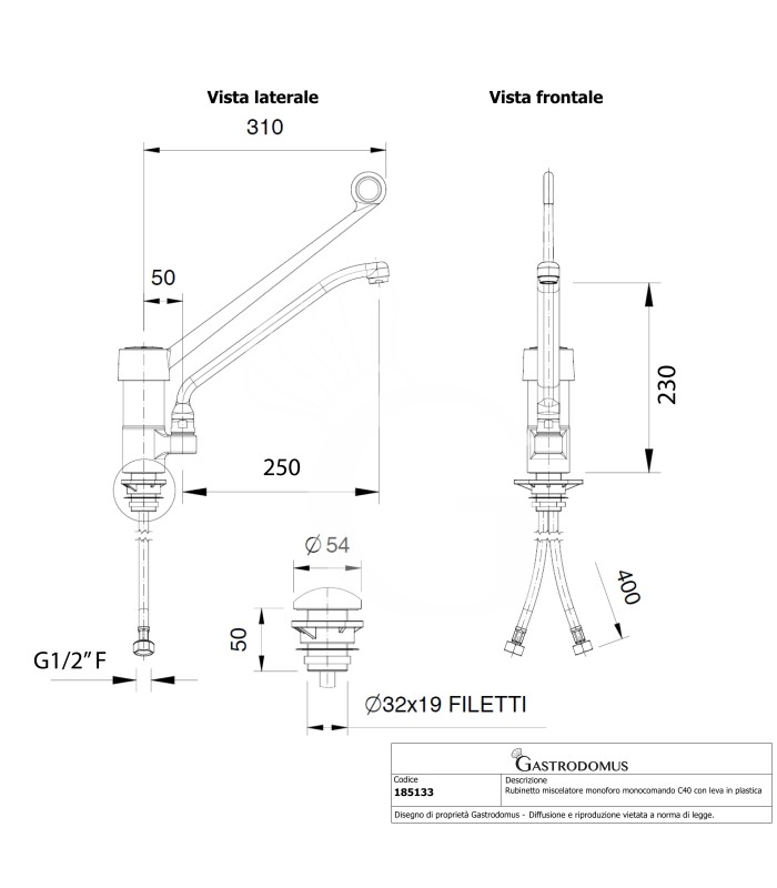 Einloch, Mischbatterie, Schwenkhahn, Einhebelmischer, C40, Kunststoffhebel – B 250 mm
