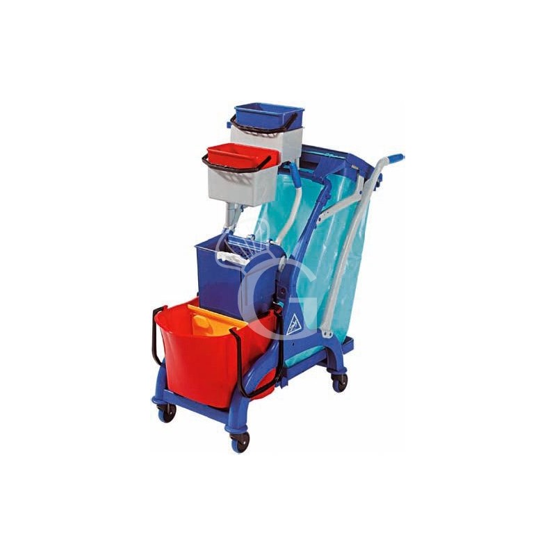 Systemwagen aus Kunststoff, Mopp- und Besenstielhalter, B 1070 mm x T 560 mm x H 1110 mm