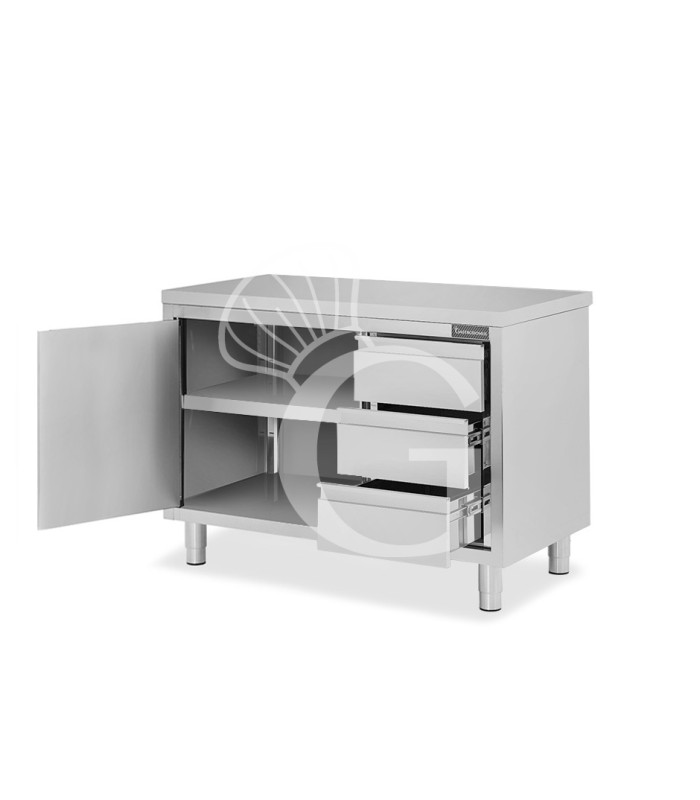 Schranktisch aus Edelstahl 2 Flügeltüren 3 Schubladen rechts B 1200 mm x T 600 mm x H 850 mm