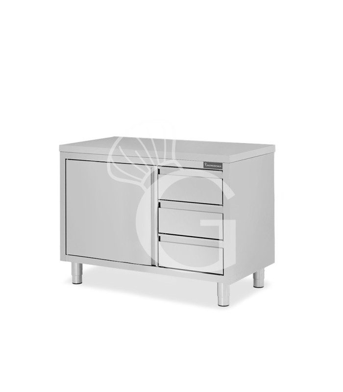 Schranktisch aus Edelstahl 2 Flügeltüren 3 Schubladen rechts B 1200 mm x T 600 mm x H 850 mm