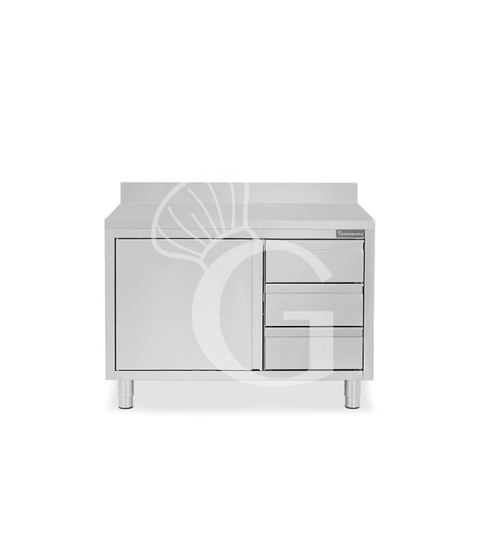 Schranktisch aus Edelstahl 2 Flügeltüren 3 Schubladen rechts Aufsatz B 1200 mm x T 600 mm x H 950 mm