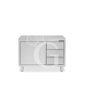 Schranktisch aus Edelstahl 2 Flügeltüren 3 Schubladen rechts B 1200 mm x T 700 mm x H 850 mm