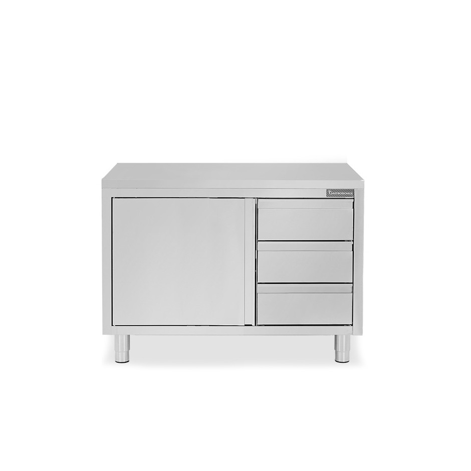 Schranktisch aus Edelstahl 2 Flügeltüren 3 Schubladen rechts B 1200 mm x T 700 mm x H 850 mm