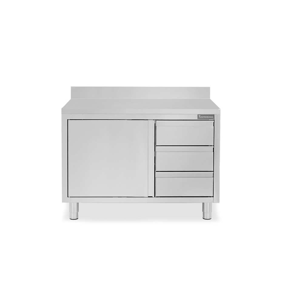 Schranktisch aus Edelstahl 2 Flügeltüren 3 Schubladen rechts Aufsatz B 1200 mm x T 700 mm x H 950 mm