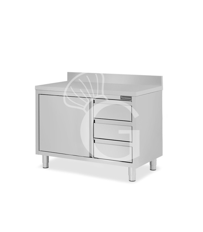 Schranktisch aus Edelstahl 2 Flügeltüren 3 Schubladen rechts Aufsatz B 1200 mm x T 700 mm x H 950 mm