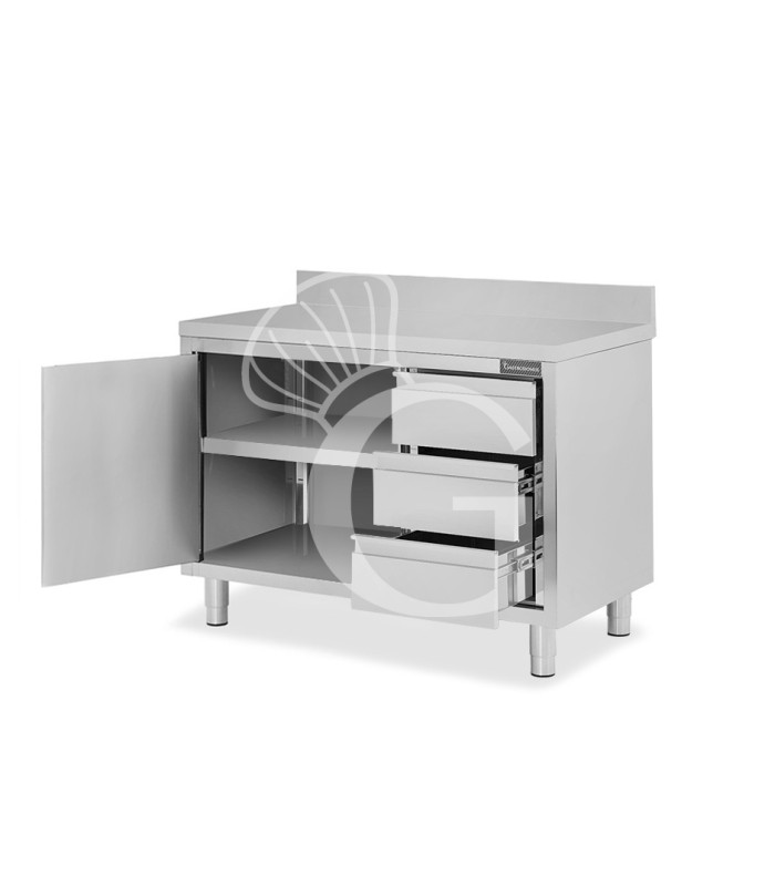 Schranktisch aus Edelstahl 2 Flügeltüren 3 Schubladen rechts Aufsatz B 1200 mm x T 700 mm x H 950 mm