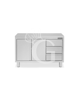 Schranktisch aus Edelstahl 2 Schiebetüren 3 Schubladen rechts B 1400 mm x T 600 mm x H 850 mm