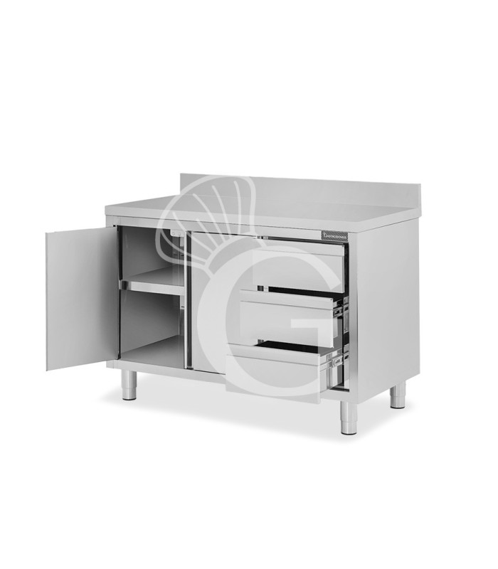 Schranktisch aus Edelstahl 2 Schiebetüren 3 Schubladen rechts Aufsatz B 1400 mm x T 600 mm x H 950 mm