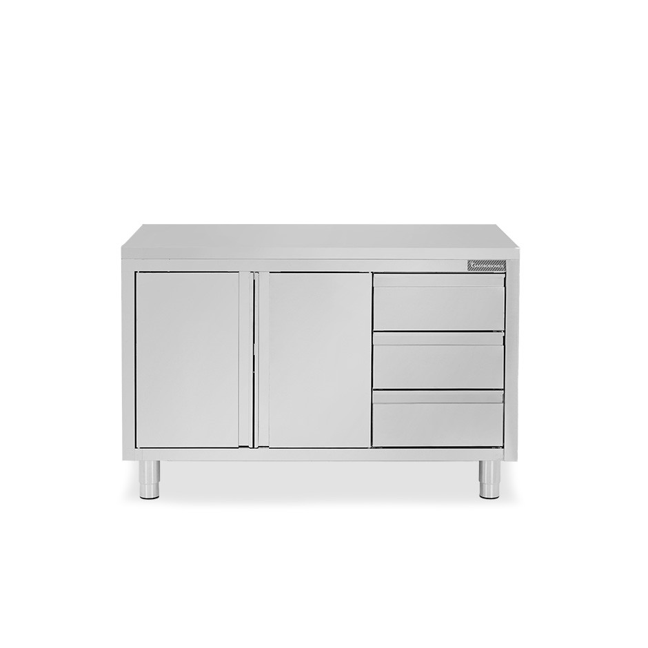 Schranktisch aus Edelstahl 2 Schiebetüren 3 Schubladen rechts B 1400 mm x T 700 mm x H 850 mm