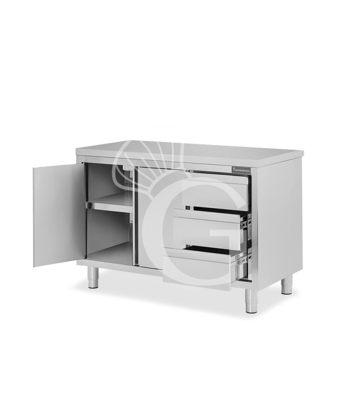 Schranktisch aus Edelstahl 2 Schiebetüren 3 Schubladen rechts B 1400 mm x T 700 mm x H 850 mm