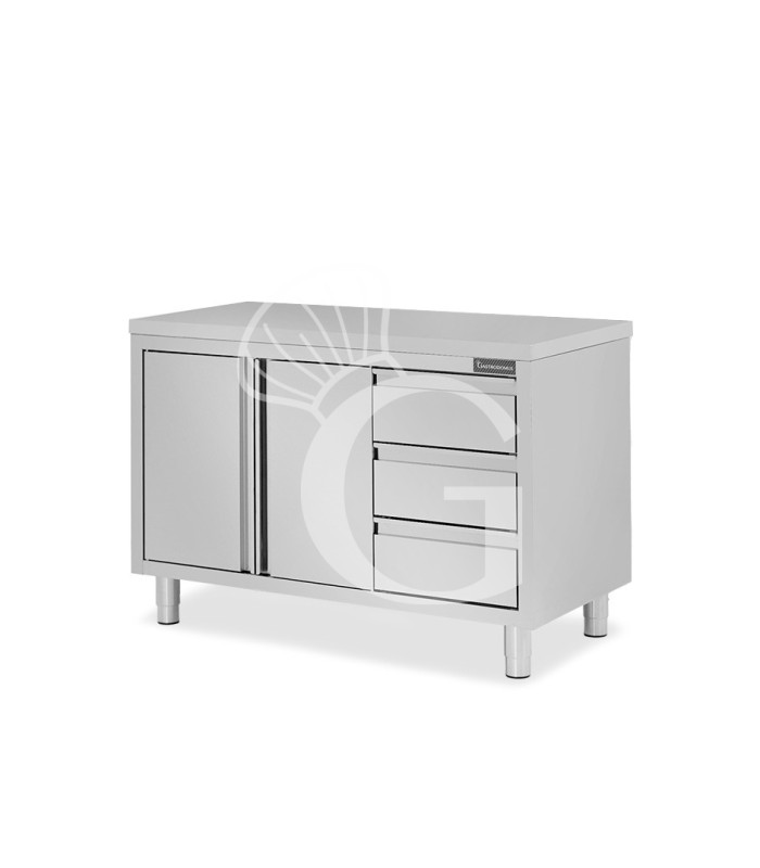 Schranktisch aus Edelstahl 2 Schiebetüren 3 Schubladen rechts B 1400 mm x T 700 mm x H 850 mm