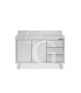 Schranktisch aus Edelstahl 2 Schiebetüren 3 Schubladen rechts Aufsatz B 1400 mm x T 700 mm x H 950 mm