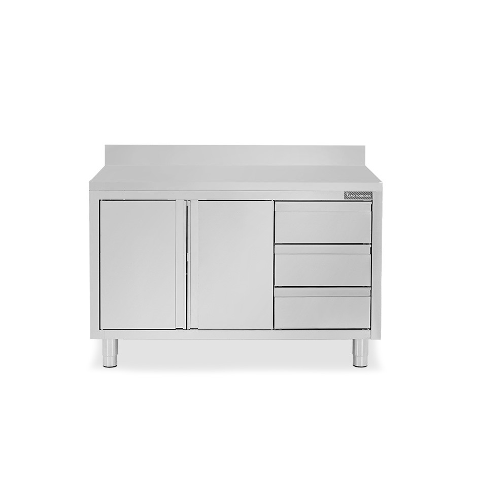 Schranktisch aus Edelstahl 2 Schiebetüren 3 Schubladen rechts Aufsatz B 1400 mm x T 700 mm x H 950 mm
