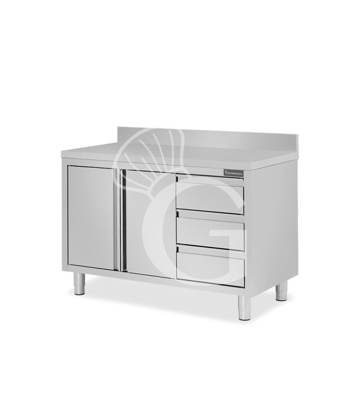 Schranktisch aus Edelstahl 2 Schiebetüren 3 Schubladen rechts Aufsatz B 1400 mm x T 700 mm x H 950 mm