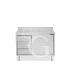 Schranktisch aus Edelstahl 2 Flügeltüren 3 Schubladen links Aufsatz B 1200 mm x T 600 mm x H 950 mm