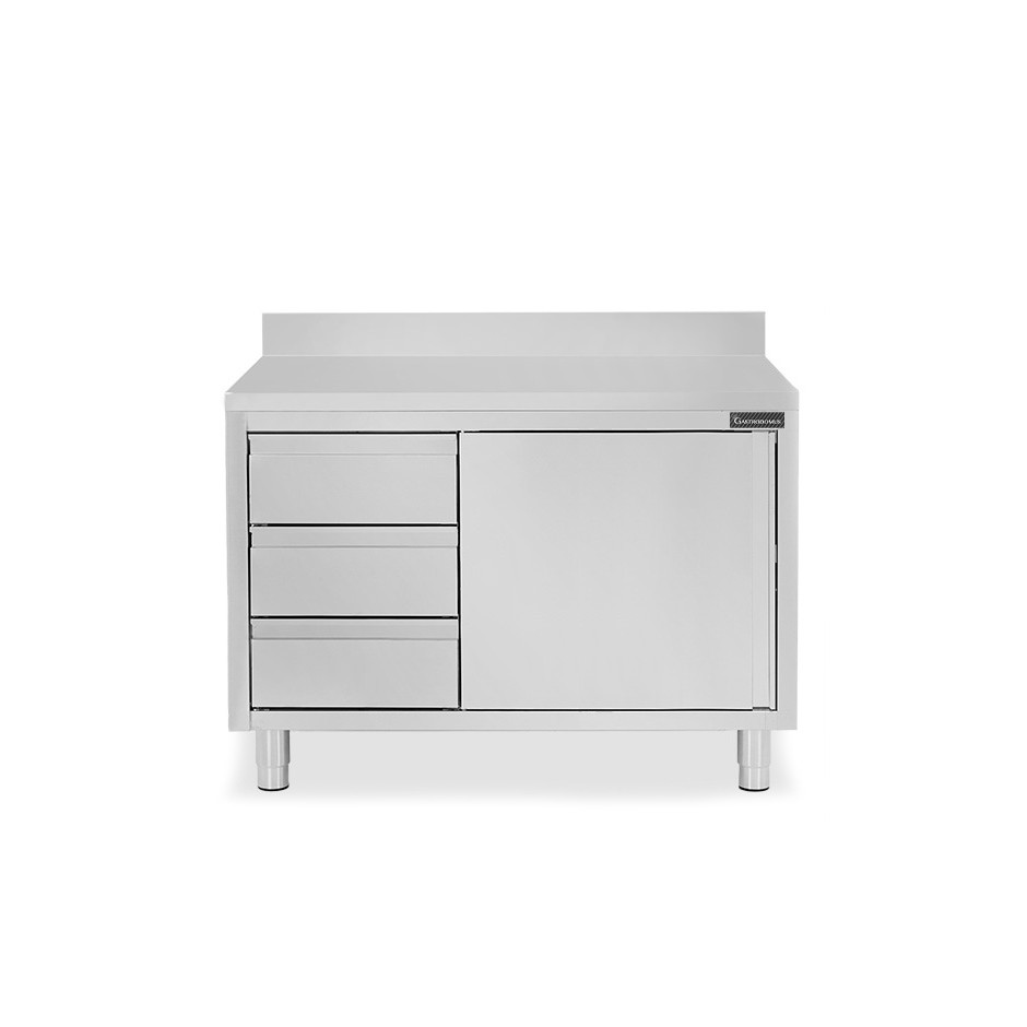 Schranktisch aus Edelstahl 2 Flügeltüren 3 Schubladen links Aufsatz B 1200 mm x T 600 mm x H 950 mm