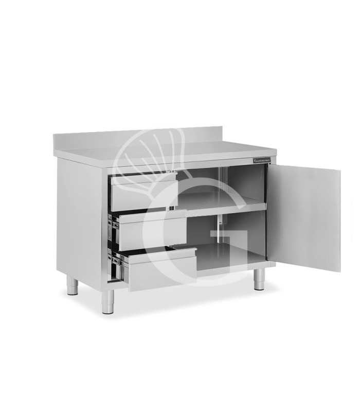 Schranktisch aus Edelstahl 2 Flügeltüren 3 Schubladen links Aufsatz B 1200 mm x T 600 mm x H 950 mm