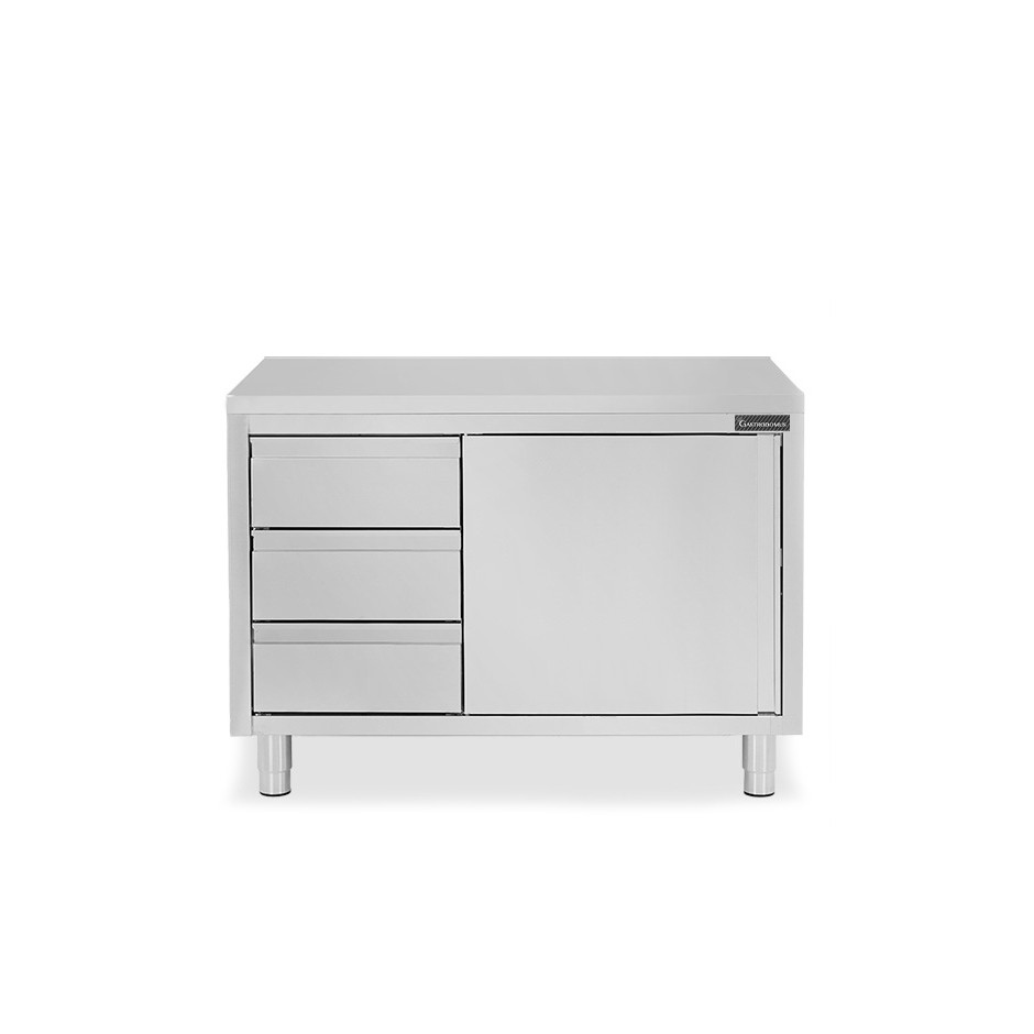 Schranktisch aus Edelstahl 2 Flügeltüren 3 Schubladen links B 1200 mm x T 700 mm x H 850 mm