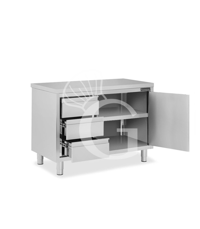 Schranktisch aus Edelstahl 2 Flügeltüren 3 Schubladen links B 1200 mm x T 700 mm x H 850 mm