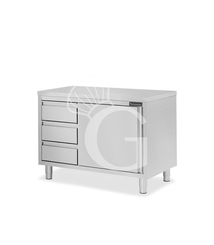 Schranktisch aus Edelstahl 2 Flügeltüren 3 Schubladen links B 1200 mm x T 700 mm x H 850 mm