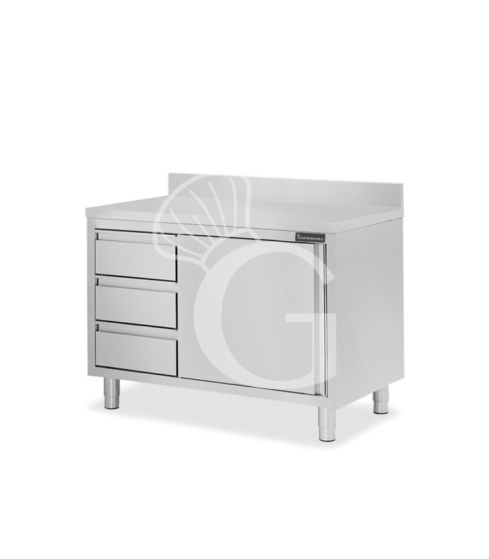 Schranktisch aus Edelstahl 2 Flügeltüren 3 Schubladen links Aufsatz B 1200 mm x T 700 mm x H 950 mm
