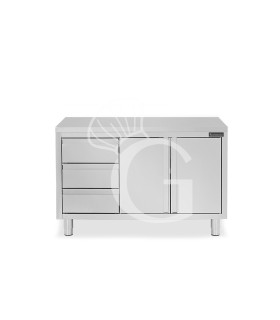 Schranktisch aus Edelstahl 2 Schiebetüren 3 Schubladen links B 1400 mm x T 600 mm x H 850 mm