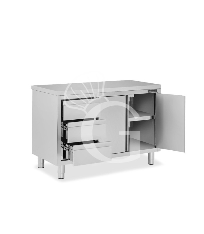 Schranktisch aus Edelstahl 2 Schiebetüren 3 Schubladen links B 1400 mm x T 600 mm x H 850 mm