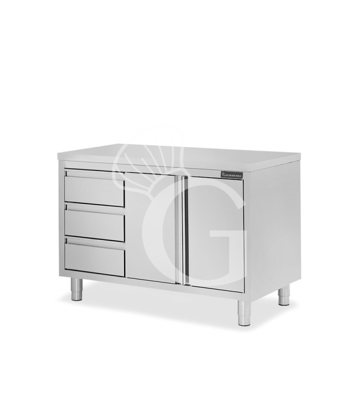 Schranktisch aus Edelstahl 2 Schiebetüren 3 Schubladen links B 1400 mm x T 600 mm x H 850 mm