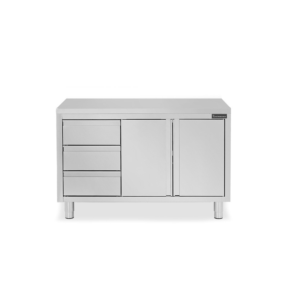 Schranktisch aus Edelstahl 2 Schiebetüren 3 Schubladen links B 1400 mm x T 700 mm x H 850 mm