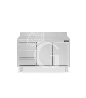 Schranktisch aus Edelstahl 2 Schiebetüren 3 Schubladen links Aufsatz B 1400 mm x T 700 mm x H 950 mm