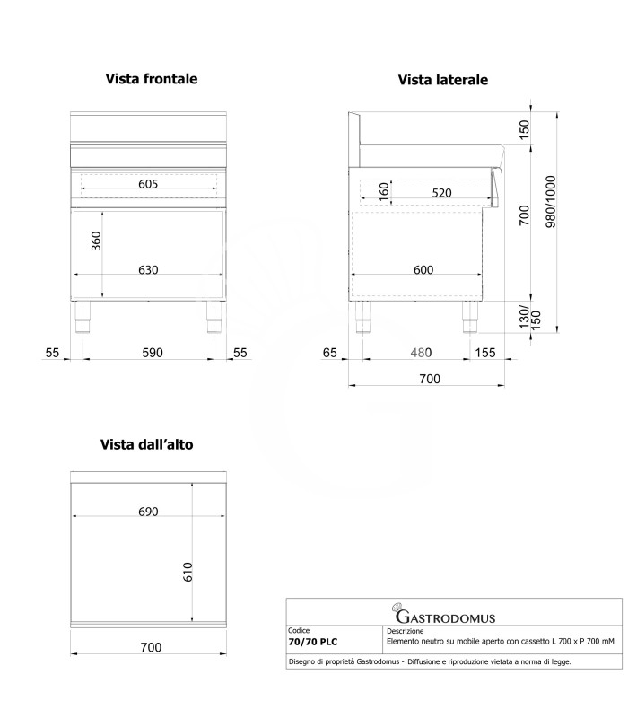 Neutralelement, offener Unterbau, mit Schublade, B 700 mm x T 700 mm x H 850 mm