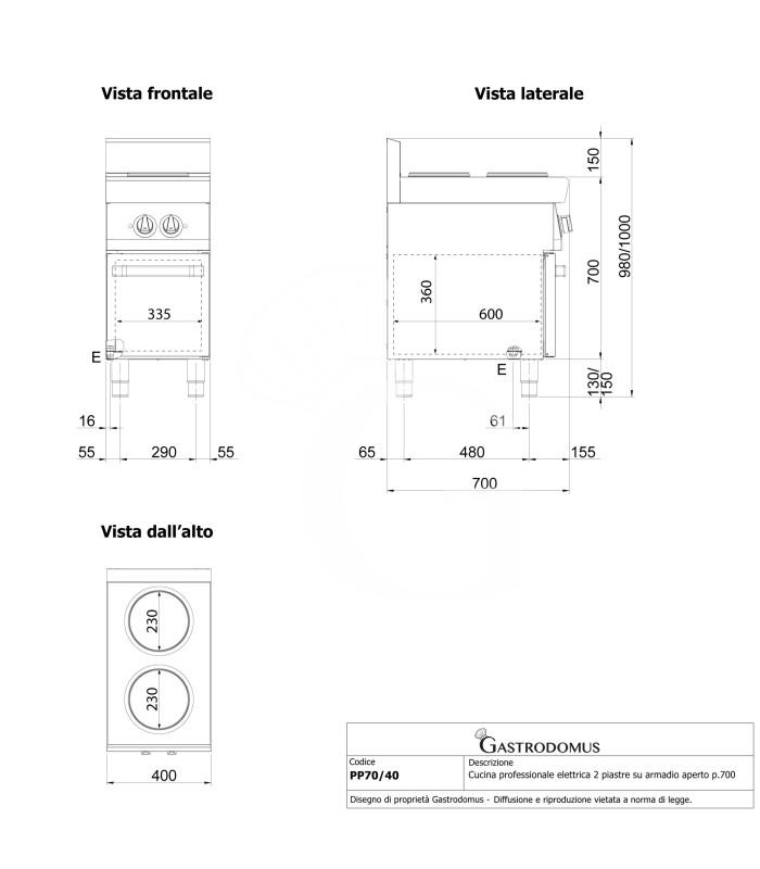 Professioneller Elektroherd mit 2 Kochplatten und offenen Unterbau, Tiefe 700 mm