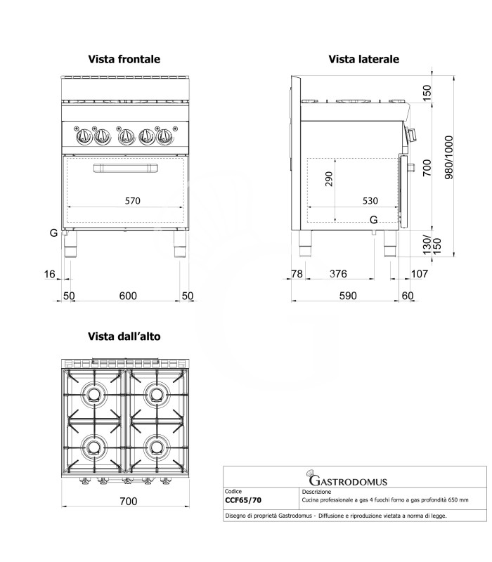 Professioneller Gasherd mit 4 Brenner und Gasbackofen – Tiefe 650 mm