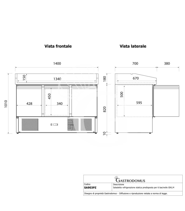 Pizzakühltisch / Saladette, statisch, 3 Türen, 6 GN 1/1 Schüssel, +2°C/+8°C, Arbeitsplatte aus Granit