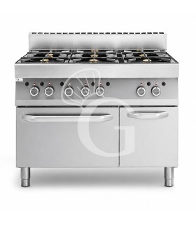Professioneller Gasherd mit 6 Brenner, Gasbackofen und Schrank, Tiefe 650 mm
