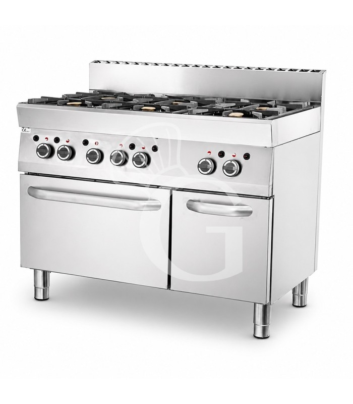 Professioneller Gasherd mit 6 Brenner, Gasbackofen und Schrank, Tiefe 650 mm