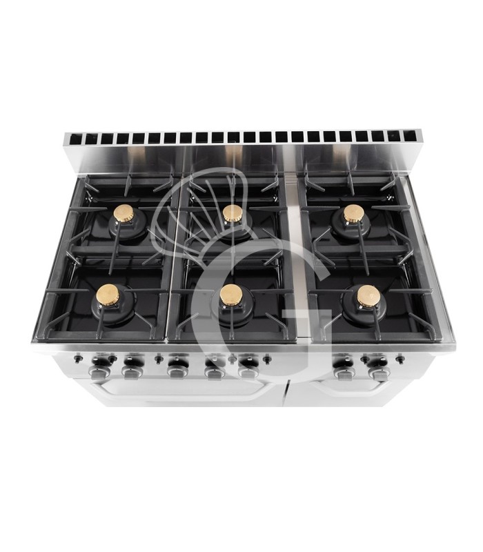 Professioneller Gasherd mit 6 Brenner, Gasbackofen und Schrank, Tiefe 650 mm