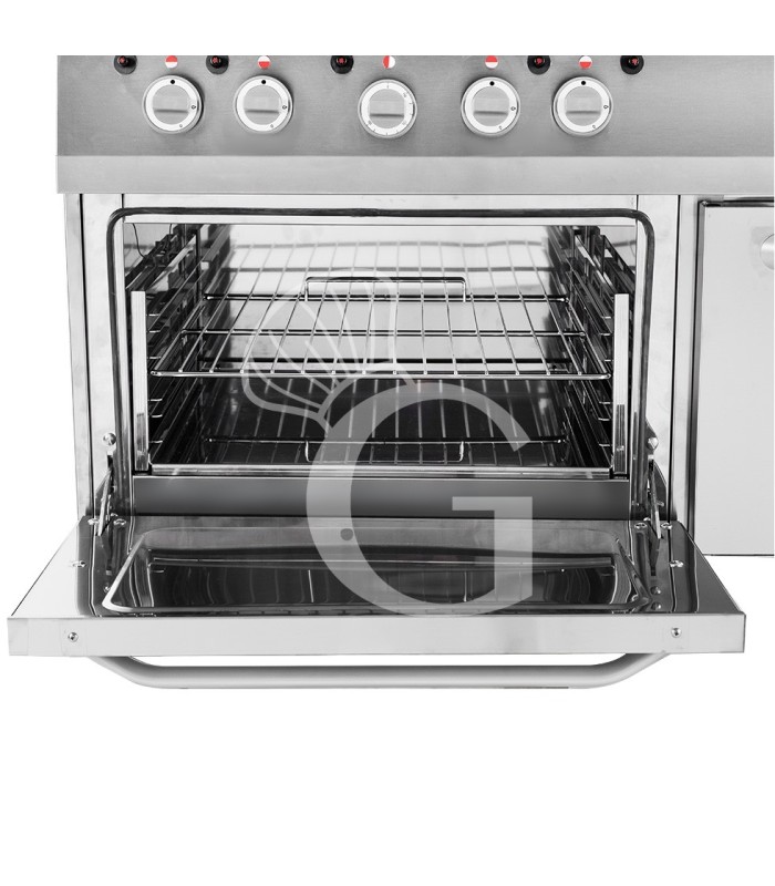 Professioneller Gasherd mit 6 Brenner, Gasbackofen und Schrank, Tiefe 650 mm