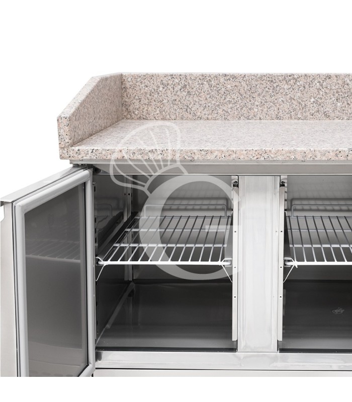 Pizzakühltisch / Saladette, statisch, 3 Türen, 6 GN 1/1 Schüssel, +2°C/+8°C, Arbeitsplatte aus Granit