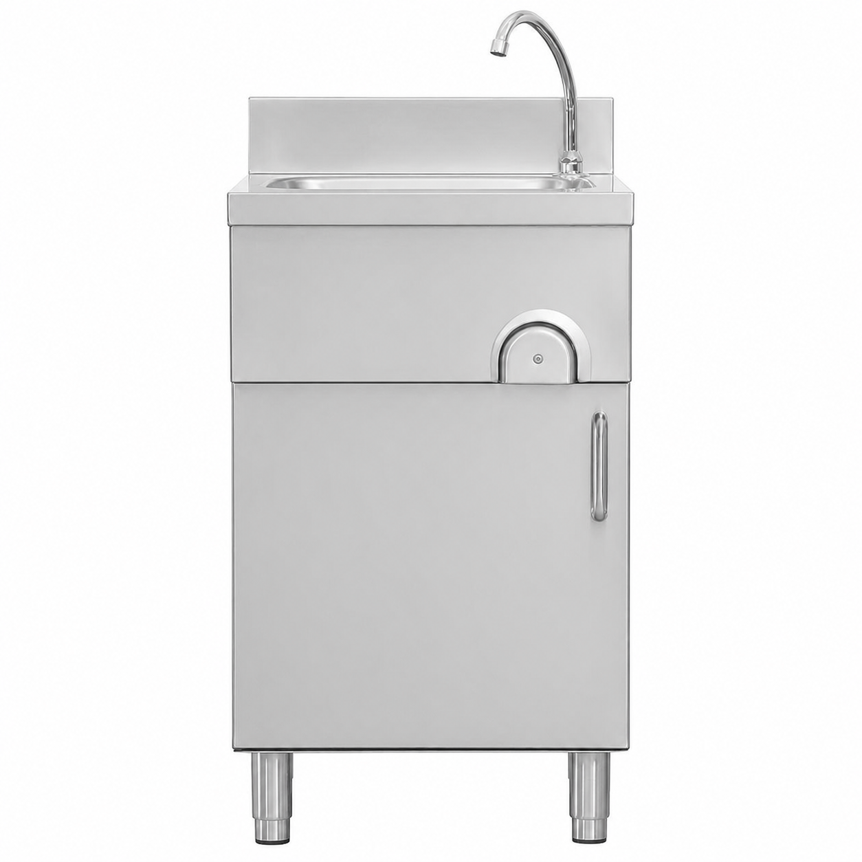 Handwaschbecken, Edelstahl, mit Unterschrank, Kniebedienung, Flügeltür, B 500 mm