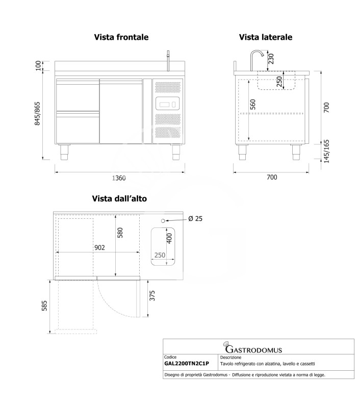 copy of Tavolo refrigerato - 2 porte - Prof. 700 - temperatura -2°C/+8°C