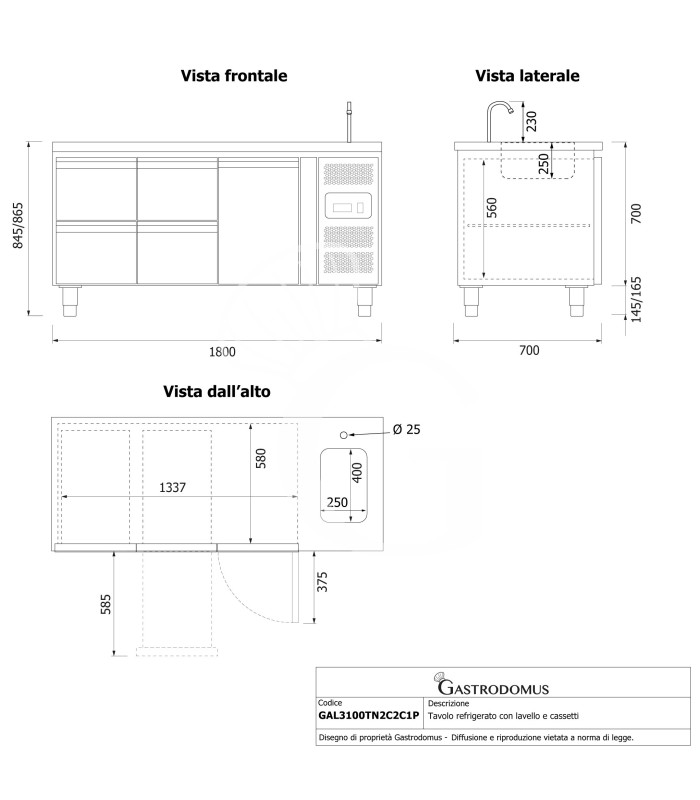 copy of Tavolo refrigerato - 2 porte - Prof. 700 - temperatura -2°C/+8°C