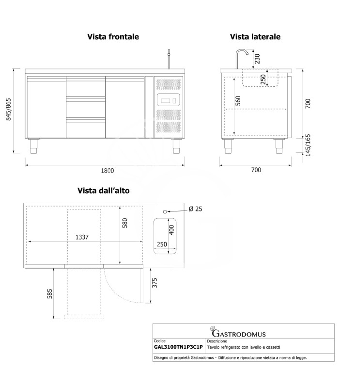 copy of Tavolo refrigerato - 2 porte - Prof. 700 - temperatura -2°C/+8°C