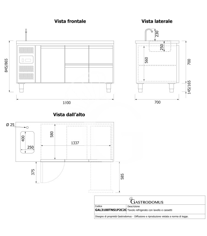 copy of Tavolo refrigerato - 2 porte - Prof. 700 - temperatura -2°C/+8°C