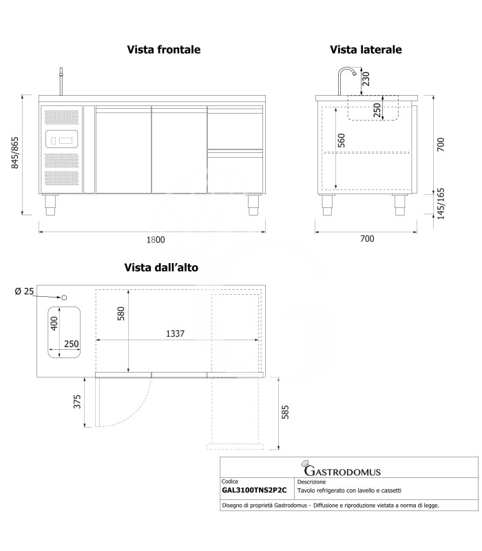 copy of Tavolo refrigerato - 2 porte - Prof. 700 - temperatura -2°C/+8°C