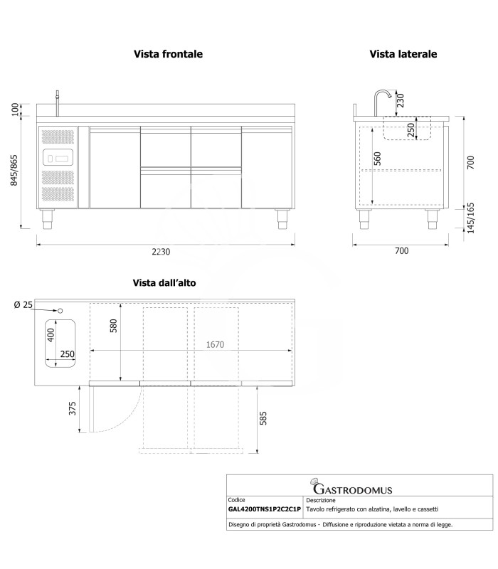 copy of Tavolo refrigerato - 2 porte - Prof. 700 - temperatura -2°C/+8°C